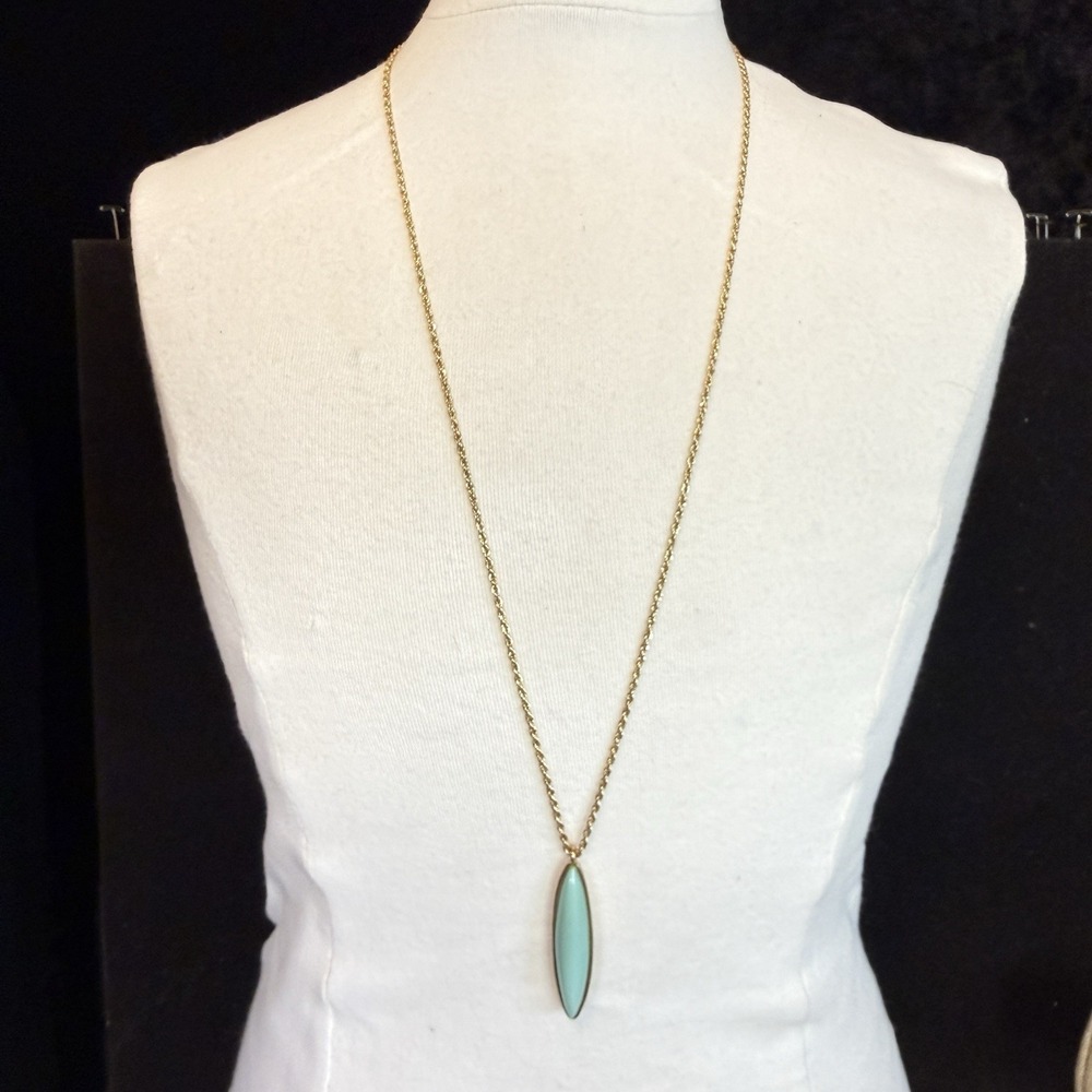 Jami Signed Long Gold Tone Necklace Aqua Elongated Pendant 15" Drop